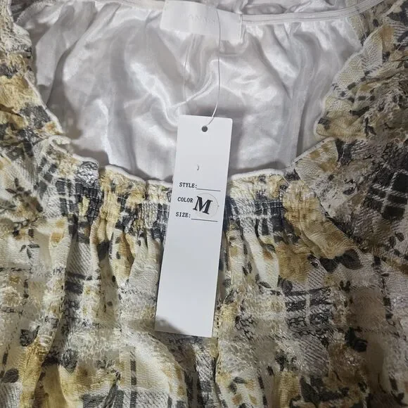 Mini Milkmaid Babydoll Puff Sleeve Dress M Sheer Lace Floral Plaid Twee Yellow - Picture 7 of 12